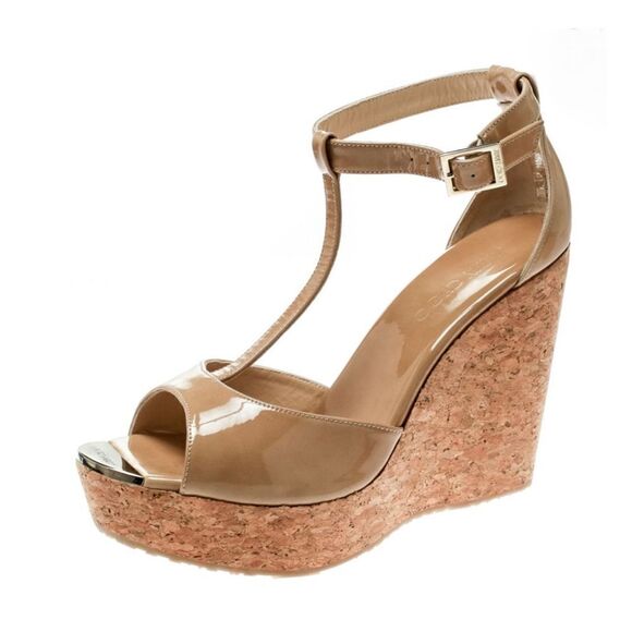 JIMMY CHOO Beige Patent Leather Pela Cork Wedge T Strap Sandals Size 38.5 - Picture 1 of 12
